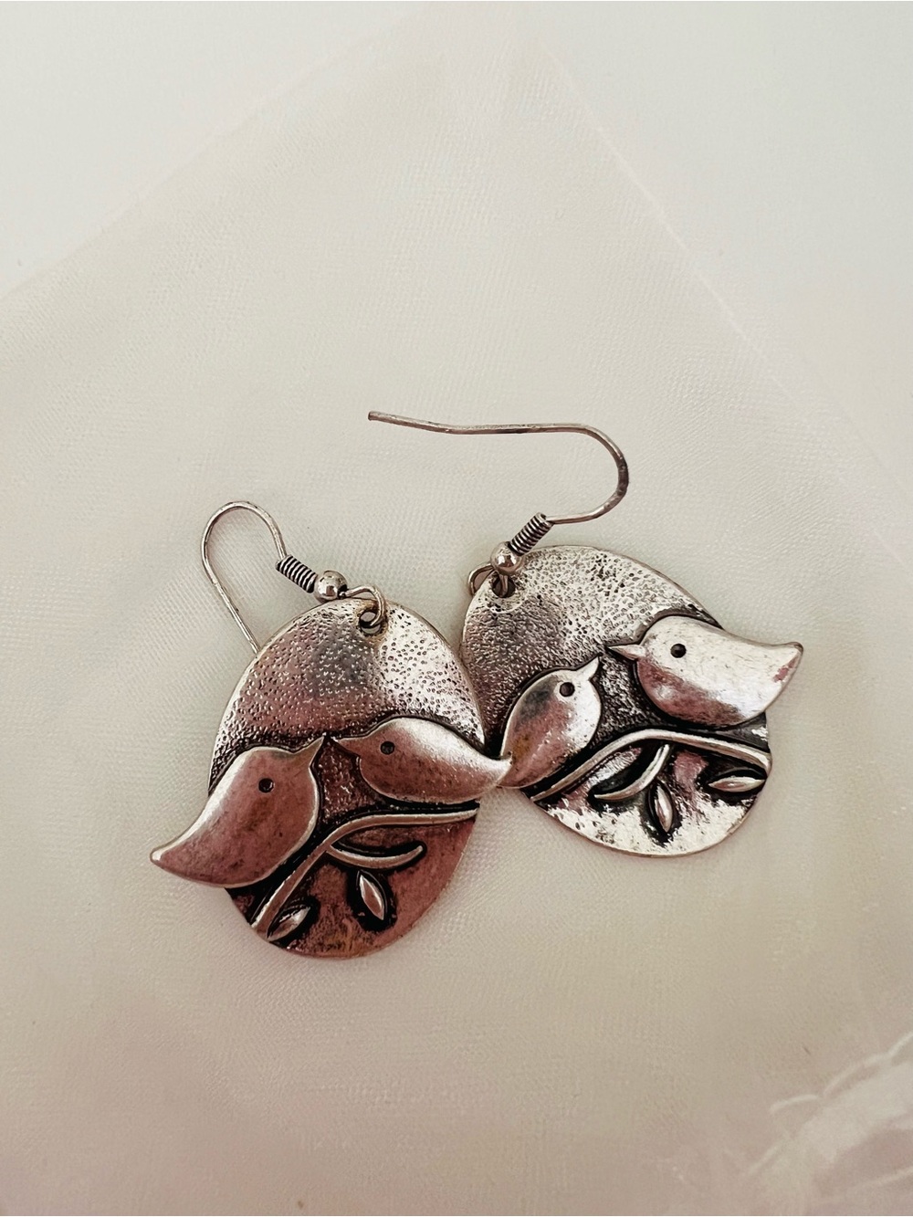 Silver Bird on Branch Drop Earrings - Silver